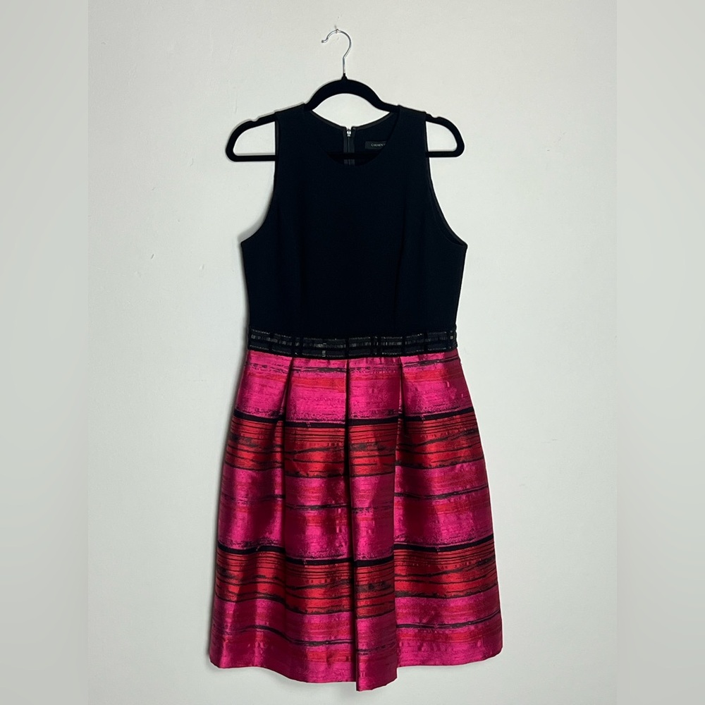 Carmen Marc Valvo Black and Fuchsia Striped Fit-and-Flare Dress